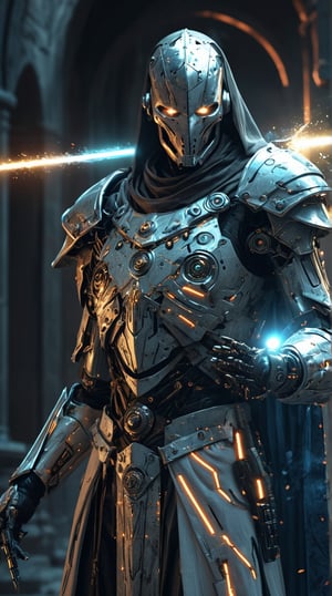 medieval knight cybernetic mage with cool robes and glowing weapon, sci-fi, photorealistic, cinematic. poster-like.