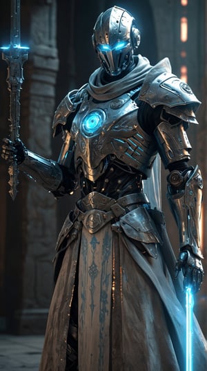 medieval knight cybernetic mage with cool robes and glowing weapon, sci-fi, photorealistic, cinematic. poster-like.