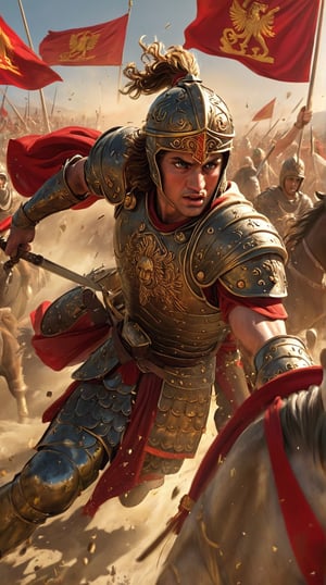 Alexander the Great:
"Visualize Alexander the Great, in full armor, leading a cavalry charge. His eyes are focused, sword raised high, surrounded by the chaos of battle. Rich textures of his bronze armor glint in the sunlight, dust and particles swirling around. The Macedonian phalanx in the background, with vibrant banners flying, creates an epic scene of conquest and strategy."