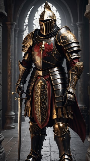 Art deco, A German Imperial Gothic Knight. Black, Red, and Golden Color Plate Armour. Warhammer Fantasy. High Fantasy. Dark Fantasy. Unreal Engine. Ultra Realistic. Cinematic. poster-like.