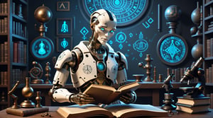 A stylized realistic human android, holding a book, a microscope, with digital data and ancient symbols in the background.