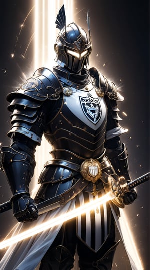 Draped in sleek black and white armor, this knight symbolizes the iconic look of Newcastle United. His breastplate, featuring bold stripes, reflects the club's heritage, with the emblem glowing on his chest. The knight's helm, with a distinctive plume, casts a shadow over eyes that glow with a fierce white light, framed by lens flare. He wields a longsword, its blade shimmering with electric sparks, ready for battle. A shield adorned with the club's emblem rests by his side, reflecting the cinematic light. Glare and particles enhance the knight's presence, making him a powerful and resilient figure. Dynamic action.