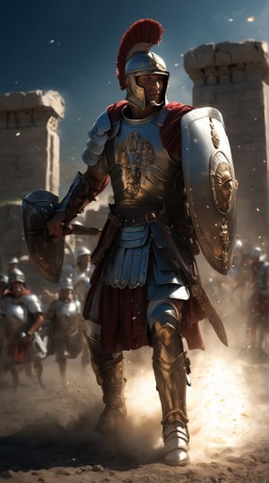 Generate an image of a Roman Legionary in the heat of battle, his rectangular shield forming an unbreakable wall. Clad in detailed segmentata armor and a crested helmet, he advances with precision and discipline. Particles of dust and sparks fill the air as he clashes with his foes. The background should depict the grandiosity of an ancient Roman battlefield with distant ruins and dramatic skies, showcasing the formidable power and organization of this elite soldier