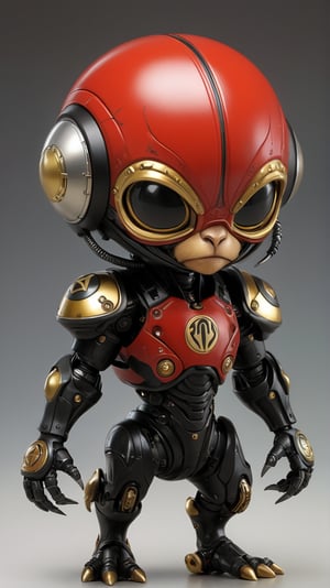 Chibi, kawaii, Depict an adorable alien inspired by Germany’s black, red, and gold kit. This alien should have a chubby, endearing form with black fur and red and gold highlights. Include elements like a tiny eagle emblem, cute mechanical features, and a small football to symbolize Germany’s precision and strength, MASTERPIECE by Aaron Horkey and Jeremy Mann, sharp, masterpiece, best quality, Photorealistic, ultra-high resolution, Hyper detailed, hyper realistic, in the style of esao andrews