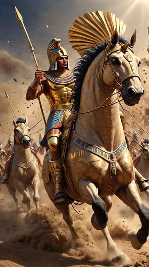 Ramses II:
"Illustrate Ramses II, commanding his chariot at the Battle of Kadesh. His golden armor and royal headdress are intricately detailed, and his chariot horses gallop with fierce determination. The scene is alive with the clash of armies, dust and particles swirling, creating an epic portrayal of ancient Egyptian warfare."