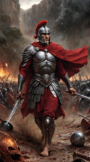 Scipio Africanus: "Visualize Scipio Africanus, leading Roman legions into battle against Carthaginian forces. His armor gleams, richly textured with intricate designs, and his red cape flows behind him. The scene is filled with the clash of swords and shields, with particles of dust and debris adding a dramatic flair to the decisive moment."