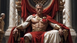 Julius Caesar wearing a red and white toga sitting on a throne looking at the camera, MASTERPIECE by Aaron Horkey and Jeremy Mann, masterpiece, best quality, Photorealistic, ultra-high resolution, photographic light, illustration by MSchiffer, fairytale, Hyper detailed