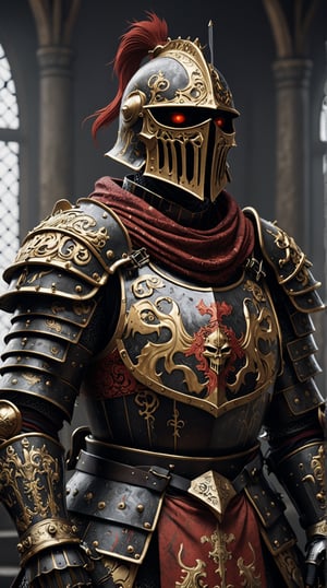 Ukiyo-e art style, A German Imperial Gothic Knight. Black, Red, and Golden Color Plate Armour. Warhammer Fantasy. High Fantasy. Dark Fantasy. Unreal Engine. Ultra Realistic. Cinematic. poster-like.