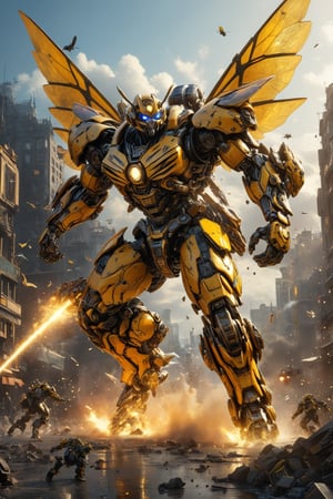 action pose, full body, Fusion of bumblebee and dragon.
(best quality, 4K, 8K, high-resolution, masterpiece), ultra-detailed, intricate designed, vibrant colors, otherworldly appearance, glowing elements, complex patterns, dynamic lighting, cinematic composition, high detail, high resolution. The result should be a breathtaking image that immerses viewers in the world of giant robots and epic battles.