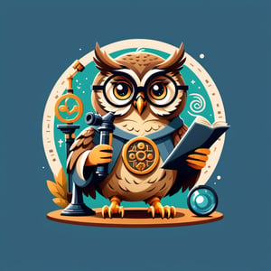 t-shirt design, circle, A stylized owl wearing glasses, holding a scroll and a microscope, with digital data and ancient symbols in the background, in a modern flat design, plain background