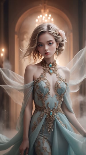 The image features a beautiful girl in a fantasy style portrait, captured in a luxury fashion photography style with fumes surrounding her. She is elegantly dressed in opulent fabrics and intricate jewelry, exuding grace and sophistication. The background is blurred, highlighting the subject's ethereal beauty. The lighting is soft and diffused, creating a dreamy atmosphere. Keywords: fantasy style, luxury fashion photography, fumes, opulent, elegant, ethereal, dreamy, soft lighting, vibrant colors.