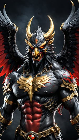 Depict a powerful, fearsome demon in black, red, and gold, inspired by the German flag. The demon should have an eagle's features turned monstrous, with large wings and fierce, glowing eyes. Incorporate dark, mechanical elements and symbols of precision, like gears and chains, alongside a corrupted football, sharp, masterpiece, best quality, Photorealistic, ultra-high resolution, Hyper detailed, hyper realistic