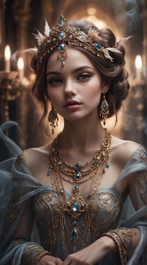 The image features a beautiful girl in a fantasy style portrait, captured in a luxury fashion photography style with fumes surrounding her. She is elegantly dressed in opulent fabrics and intricate jewelry, exuding grace and sophistication. The background is blurred, highlighting the subject's ethereal beauty. The lighting is soft and diffused, creating a dreamy atmosphere. Keywords: fantasy style, luxury fashion photography, fumes, opulent, elegant, ethereal, dreamy, soft lighting.