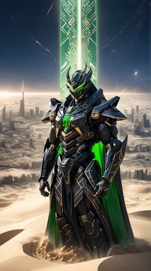 A bird’s eye view of a gigantic Pacific Rim Jaeger representing Saudi Arabia. The Jaeger’s design is inspired by the Kaaba, featuring black and gold-tinted armor with intricate Islamic geometric patterns. Its headpiece resembles a traditional ghutra, and its body is adorned with calligraphy. The Jaeger’s core glows with a bright green light, symbolizing the national flag. Below, the landscape reveals vast deserts and urban skyscrapers. Enhanced with glare, lens flare, and cinematic lighting, the Jaeger’s imposing presence is accentuated by swirling sand particles and sparks, capturing Saudi Arabia's spiritual and modern essence.