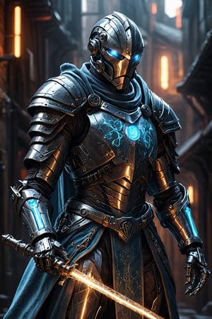 medieval knight cybernetic mage with cool robes and glowing weapon, sci-fi, photorealistic, cinematic. poster-like.