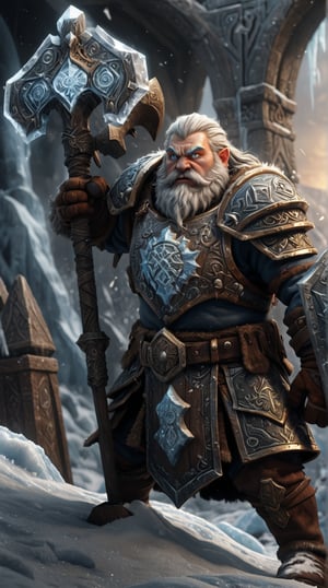 a dwarf paladin, frost, battle scene, frozen war hammer, frozen shield, magical symbols, fine art, action shot, extremely detailed, intricate, 8k, octane render, dramatic lighting,digital manipulation, surrealism, mythological, magical sense