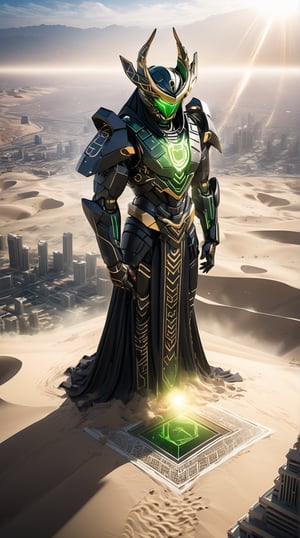 Deco art, A bird’s eye view of a gigantic Pacific Rim Jaeger representing Saudi Arabia. The Jaeger’s design is inspired by the Kaaba, featuring black and gold-tinted armor with intricate Islamic geometric patterns. Its headpiece resembles a traditional ghutra, and its body is adorned with calligraphy. The Jaeger’s core glows with a bright green light, symbolizing the national flag. Below, the landscape reveals vast deserts and urban skyscrapers. Enhanced with glare, lens flare, and cinematic lighting, the Jaeger’s imposing presence is accentuated by swirling sand particles and sparks, capturing Saudi Arabia's spiritual and modern essence.