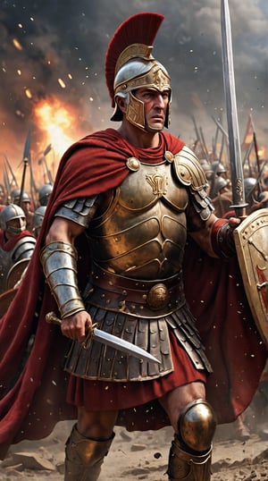 Scipio Africanus:
"Visualize Scipio Africanus, leading Roman legions into battle against Carthaginian forces. His armor gleams, richly textured with intricate designs, and his red cape flows behind him. The scene is filled with the clash of swords and shields, with particles of dust and debris adding a dramatic flair to the decisive moment."