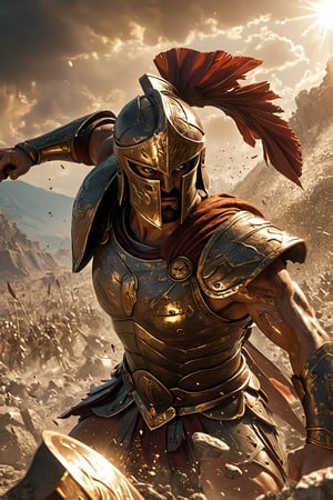 Generate a close up image of a Spartan Hoplite in the midst of battle, his bronze armor glinting under the sun. He stands in a dynamic pose, thrusting his spear forward, shield raised, with intense focus in his eyes. Particles of dust and debris swirl around him, capturing the chaos of combat. The background depicts an ancient battlefield with distant mountains and dramatic clouds, immersing viewers in the disciplined ferocity of this elite warrior.