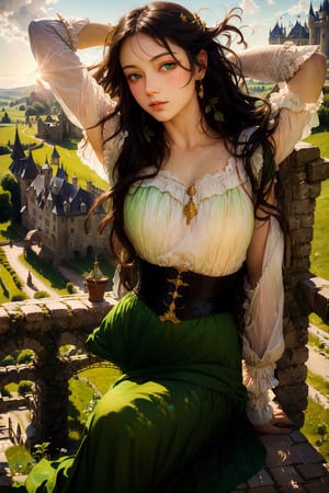 Masterpiece. A 11th century French country girl sits by the castle walls. She has long black hair flowing in the wind. She wears a 11th century nobility style dress and she has vibrant green eyes and perfect features. Perfect skin. Very beautiful. Like a Bouguereau painting. She is sewing a heraldry flag, which she holds in her lap. Beyond the castle walls, behind the girl is a vast green pasture land with rustic farmhouses and a wind mill. Golden sunlight suffuses the scene