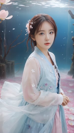 Masterpiece, top quality, artwork photography, highly detailed cg 8k wallpaper, (petals) (detailed ice), crystal texture skin, cold pressed, (gorgeous hanbok), 22 year old Korean woman, full body, (pink hair), long hair, messy hair, blue eyes, looking at the audience, very delicate and beautiful, under water with strong light, (beautiful eyes), very detailed, movie lighting, (beautiful face), beautiful water surface, (original character painting), very Detail, incredibly meticulous, (very detailed and beautiful), beautiful meticulous eyes, (best quality)
,LinkGirl,xxmixgirl,3un,beautymix,NYFlowerGirl,underwater,yua_mikami,aesthetic portrait