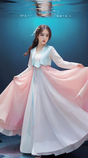 Masterpiece, top quality, official art, highly detailed CG 8k wallpaper, (petals) (detailed ice), crystal texture skin, cold pressed, (gorgeous hanbok), 22 year old Korean woman, full body, (pink hair), long hair, messy hair, blue eyes, looking at the audience, very delicate and beautiful, under water with strong light, (beautiful eyes), very detailed, movie lighting, (beautiful face), beautiful water surface, (original character painting), very Detail, incredibly meticulous, (very detailed and beautiful), beautiful meticulous eyes, (best quality)
,LinkGirl,xxmixgirl,3un,beautymix