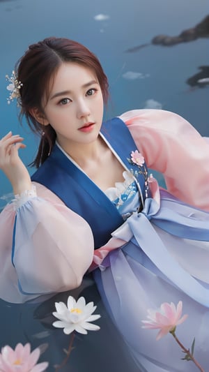 Masterpiece, top quality, official art, highly detailed CG 8k wallpaper, (petals) (detailed ice), crystal texture skin, cold pressed, (gorgeous hanbok), 22 year old Korean woman, full body, (pink hair), long hair, messy hair, blue eyes, looking at the audience, very delicate and beautiful, under water with strong light, (beautiful eyes), very detailed, movie lighting, (beautiful face), beautiful water surface, (original character painting), very Detail, incredibly meticulous, (very detailed and beautiful), beautiful meticulous eyes, (best quality)
,LinkGirl,xxmixgirl,3un,beautymix