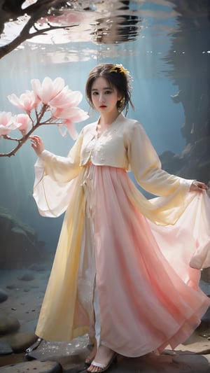 Masterpiece, top quality, official art, highly detailed cg 8k wallpaper, (petals) (detailed face), crystal texture skin, cold pressed, (blonde, yellow, long hair), 25 year old Korean woman, (full body;1,3 ), Gorgeous Korean traditional hanbok, nude lower body with legs spread showing pussy and pubic hair, black eyes, looking at the audience, very delicate and beautiful, water with strong light shining through, (beautiful eyes), very detailed, Movie lighting, (beautiful face), deep water, beautiful coral in the sea, very detailed, extremely meticulous, (very detailed and beautiful), beautiful meticulous eyes, (best quality)
,whole body,underwater