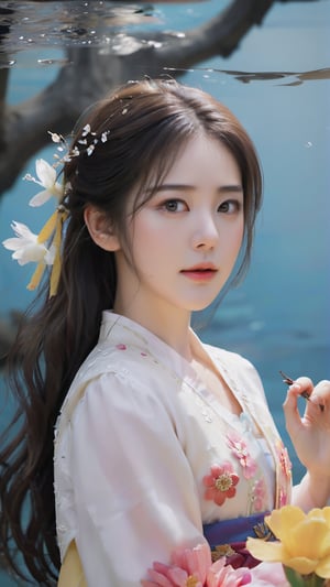 Masterpiece, top quality, official art, highly detailed cg 8k wallpaper, (petals) (detailed face), crystal texture skin, cold pressed, (blonde, yellow, long hair), 25 year old Korean woman, (full body;1,3 ), colorful traditional Korean hanbok, black eyes, looking at the audience, very delicate and beautiful, the light is strongly reflected in the water, (beautiful eyes), very detailed, movie lighting, (beautiful face), deep in the water, under the sea The coral is beautiful, very detailed, incredibly meticulous, (very detailed and beautiful), beautiful meticulous eye, (best quality)
,whole body,