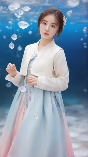 Masterpiece, top quality, official art, highly detailed CG 8k wallpaper, (petals) (detailed ice), crystal texture skin, cold pressed, (gorgeous hanbok), 22 year old Korean woman, full body, (pink hair), long hair, messy hair, blue eyes, looking at the audience, very delicate and beautiful, under water with strong light, (beautiful eyes), very detailed, movie lighting, (beautiful face), beautiful water surface, (original character painting), very Detail, incredibly meticulous, (very detailed and beautiful), beautiful meticulous eyes, (best quality)
,LinkGirl,xxmixgirl,3un,beautymix,A girl dancing 