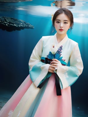 Masterpiece, top quality, official art, highly detailed cg 8k wallpaper, (petals) (detailed face), crystal texture skin, cold pressed, (blonde, yellow, long hair), 25 year old Korean woman, (full body;1,3 ), colorful traditional Korean hanbok, black eyes, looking at the audience, very delicate and beautiful, the light is strongly reflected in the water, (beautiful eyes), very detailed, movie lighting, (beautiful face), deep in the water, under the sea The coral is beautiful, very detailed, incredibly meticulous, (very detailed and beautiful), beautiful meticulous eye, (best quality)
,whole body,underwater