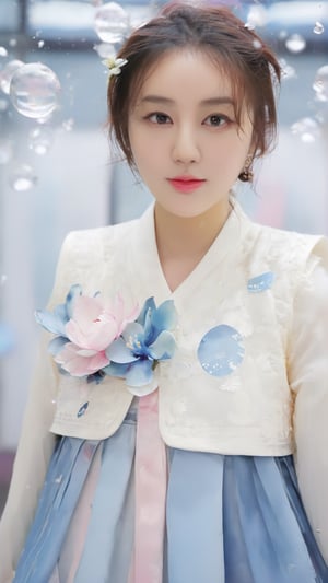 Masterpiece, top quality, official art, highly detailed CG 8k wallpaper, (petals) (detailed ice), crystal texture skin, cold pressed, (gorgeous hanbok), 22 year old Korean woman, full body, (pink hair), long hair, messy hair, blue eyes, looking at the audience, very delicate and beautiful, under water with strong light, (beautiful eyes), very detailed, movie lighting, (beautiful face), beautiful water surface, (original character painting), very Detail, incredibly meticulous, (very detailed and beautiful), beautiful meticulous eyes, (best quality)
,LinkGirl,xxmixgirl,3un,beautymix,A girl dancing 