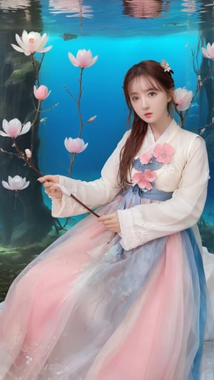 Masterpiece, top quality, artwork photography, highly detailed cg 8k wallpaper, (petals) (detailed ice), crystal texture skin, cold pressed, (gorgeous hanbok), 22 year old Korean woman, full body, (pink hair), long hair, messy hair, blue eyes, looking at the audience, very delicate and beautiful, under water with strong light, (beautiful eyes), very detailed, movie lighting, (beautiful face), beautiful water surface, (original character painting), very Detail, incredibly meticulous, (very detailed and beautiful), beautiful meticulous eyes, (best quality)
,LinkGirl,xxmixgirl,3un,beautymix,NYFlowerGirl,underwater,yua_mikami