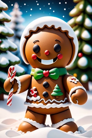 Gingerbread man,  robot,  happy face, christmas asscories , celebrate  Christmas,  winter and  snow, Christmas tree background,  natural light