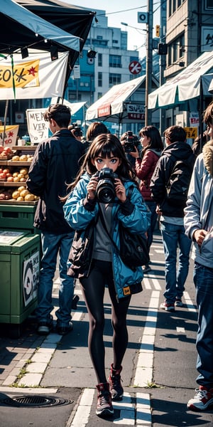 Female photographer,  holding a camera, full body,  big len, snap shot on the street,   market background