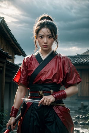 RAW Photo of red female samurai under the rain , ready to fight, holding a sword