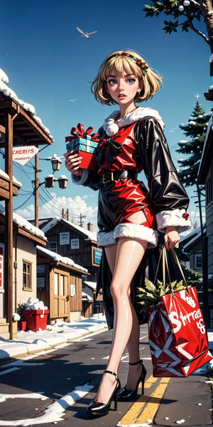 A Santa girl on a deer cart in the sky moving to town, with a lot of gifts in bag, short blonde hair, a cute face, Santa colors, retro glamour, a village in the background, Harper's Bazaar 60s Edition, iconic Mary Quant fashion., highly intricate, (VOGUE Cover Magazine:1.15), 1968, 60s, black letters, hyper-detailed, photorealistic,  Christmas  style, 