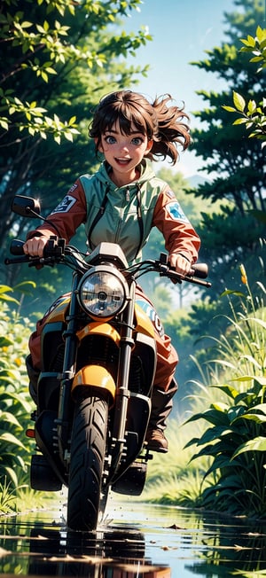 A cinematic scenic view of 1 girl, wearing a goggle driving in a off road motorcycle, very windy, 3D , depth of field, motion blur, dirt road racing in a forest crossing a stream, dusty, reflections, water splash, smile open mouth, eye contact viewer,