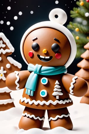 Gingerbread man,  robot,  happy face, Christmas accessories, celebrate  Christmas,  winter and  snow, Christmas tree background,  natural light