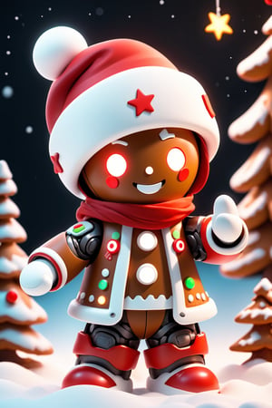 Gingerbread man,  robot, wear red hat, cyber robot, cute, power light glowing details , happy face, christmas asscories , celebrate  Christmas,  winter and  snow, Christmas tree background,  natural light