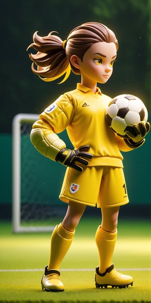 a girl playing football as a goalkeeper on the grass outdoor court, GOALKEEPER TRAINING, wearing gloves, yellow clothes | Toy Design. collective toy style, Movie Still, full body, cinematic scene, ground level shot, 8K resolution, Cinema 4D, Behance HD, clean background