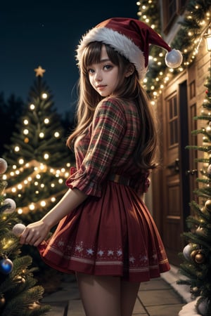 A young and cute girl celebrate christmas  in the garden at night, christmas color dress and hat,  glowing christmas tree