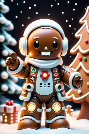 Gingerbread man,  robot, cyber robot, cute, power light glowing details , happy face, christmas asscories , celebrate  Christmas,  winter and  snow, Christmas tree background,  natural light