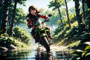 A cinematic scenic view of 1 girl, wearing a goggle driving in a off road motorcycle, very windy, 3D , depth of field, motion blur, dirt road racing in a forest crossing a stream, dusty, reflections, water splash, smile open mouth, eye contact viewer,