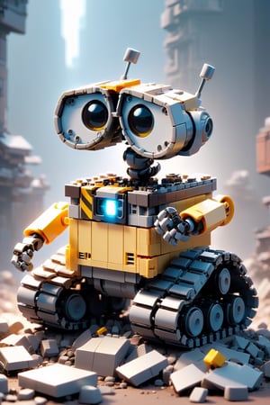 (masterpiece, best quality:1.5) Wall-E, character recreation, transparent style, designer toy, full body, cinematic scene, intricate mech details, ground level shot, blender, 8K resolution, Cinema 4D, Behance HD, polished metal, shiny, data, trash hill dawn background,lego