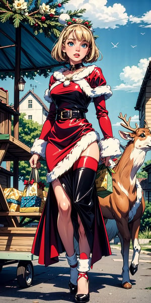 A Santa girl on a deer cart in the sky moving to town, with a lot of gifts in bag, short blonde hair, a cute face, Santa colors long dress, retro glamour, a village in the background, Harper's Bazaar 60s Edition, iconic Mary Quant fashion., highly intricate, (VOGUE Cover Magazine:1.15), 1968, 60s, black letters, hyper-detailed, photorealistic,  Christmas  style, 