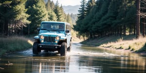 cinematic scenic view of a jeep welly crossing the road in the river, very windy, 3D, depth of field, motion blur, dirt road racing in a forest crossing a stream, dusty, reflections, water splash, smile open mouth, eye contact viewer,