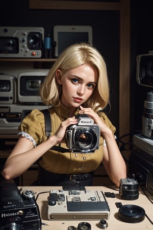 A 28 yo lady is repairing her Hasselblad 500cm camera on the work desk, curvy blonde hair, medium format camera, slr, high res, high detail, masterpiece, best quality