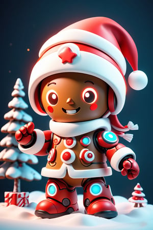 Gingerbread man,  robot, wear red hat, cyber robot, cute, power light glowing details , happy face, christmas asscories , celebrate  Christmas,  winter and  snow, Christmas tree background,  natural light, character design, designer toy, maya, 3d rendering 