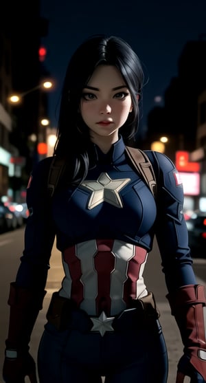 centered, upper body, masterpiece, | female captain america, standing, looking at viewer, | city, urban, street, city lights, | night, bokeh, depth of field, 